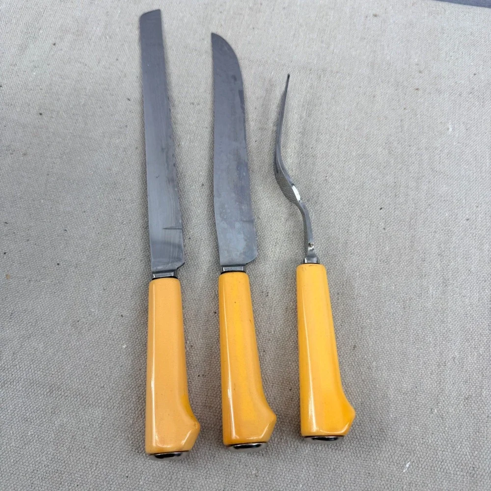 Vintage Regent Cutlery Deereedge Carving Set Sheffield England Yellow Bakelite